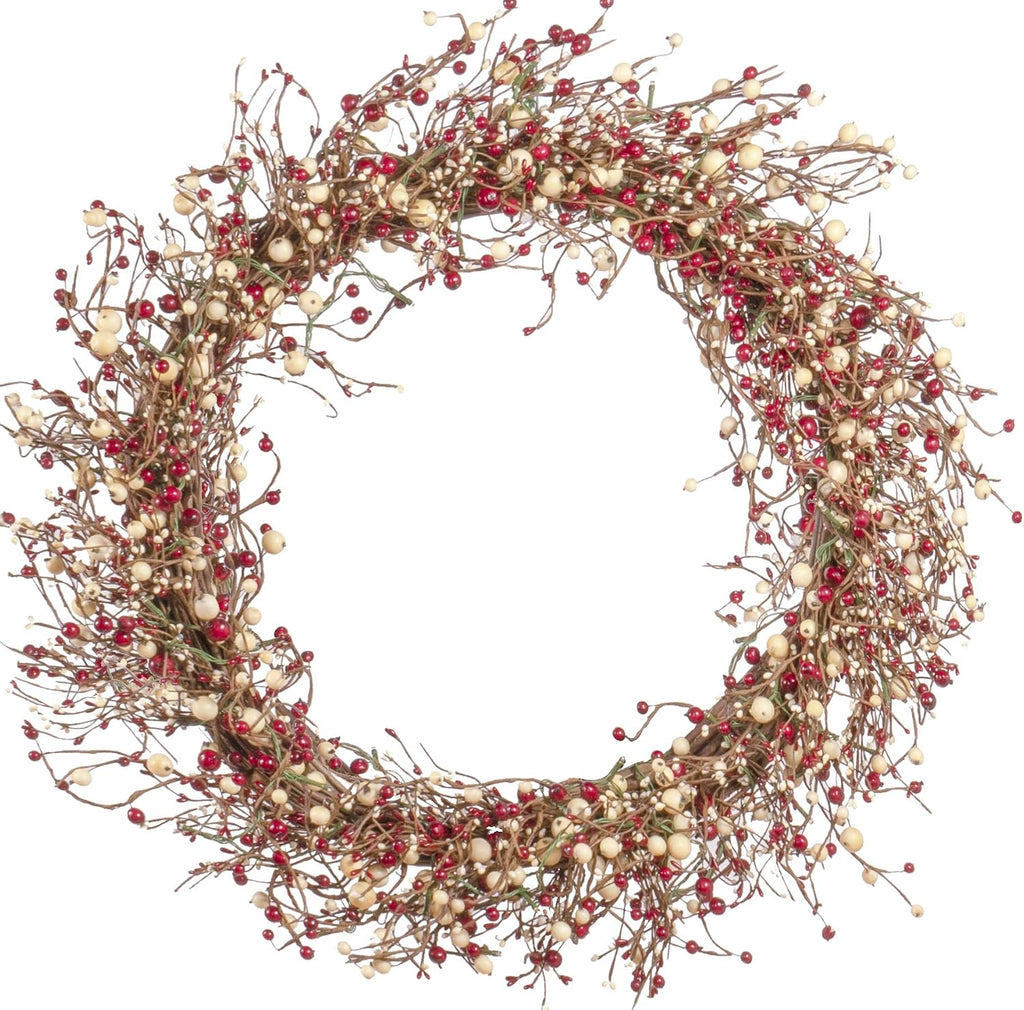 30" Light-Up Christmas Wreath with Red and Cream Pip Berries, Battery-Operated LED Lights with Timer