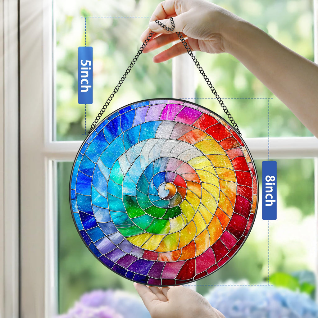 Stained Glass Window Hanging, 8 Inch Rainbow Spiral Stained Glass Suncatcher, Spiral Window Hanging Decor, Geometric