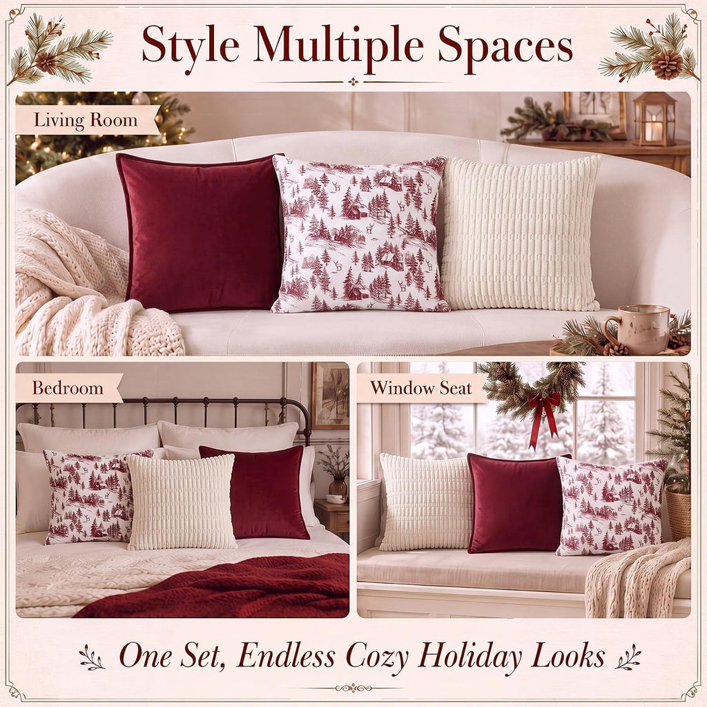 Christmas Pillow Covers 18 x 18'' Pillow Covers, Red - Set of 3