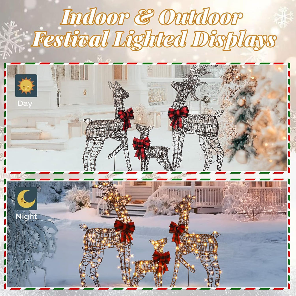 Large Outdoor Christmas Decoration, 4FT 3-Piece Lighted Christmas Deer Family Set, Rattan Reindeer, with 210 LED Warm