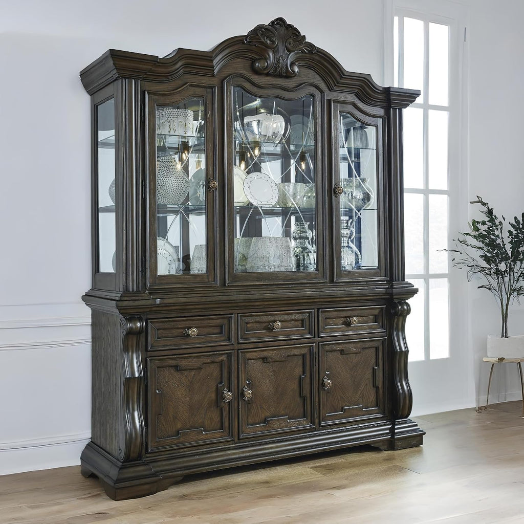 2-Piece Dining Buffet and Hutch, China Cabinet | Hardwood solids, Oak and ash swirl veneers with MDF substrates and