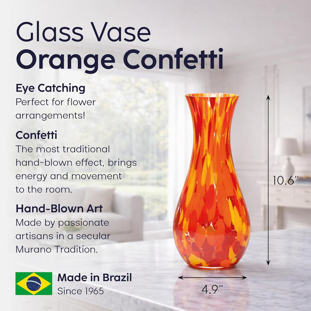 Murano Style Art Glass Vase Hand Blown Orange Confetti Effect Home Decor | Hand Blown Glass Vase, Decorative Table