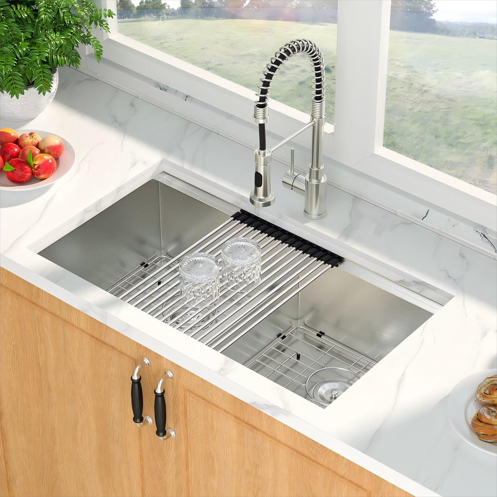 Double Bowl Kitchen Sinks - 50/50 Undermount Double Bowl 16 Gauge Low Divide Workstation 33 x 19 Inch Stainless Steel