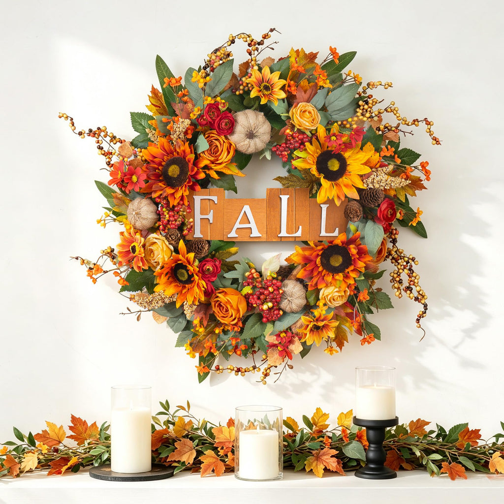 24 Inch Fall Wreaths for Front Door Autumn Wreath with Fall Sign