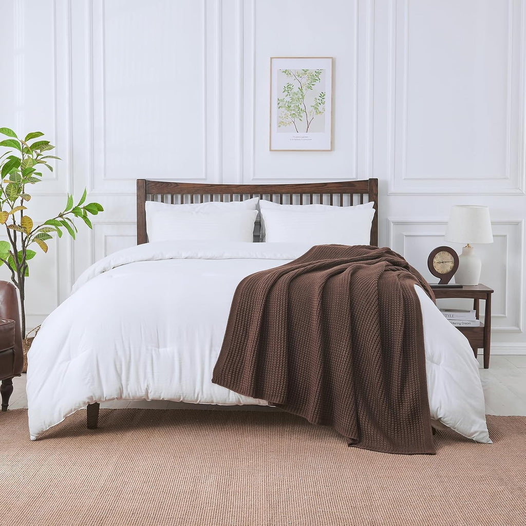 Brown Throw Blanket, Soft Chunky Cable Knit Throw Blanket, Classic Fisherman's Rib Stitch Pattern Throw, 50"X60"