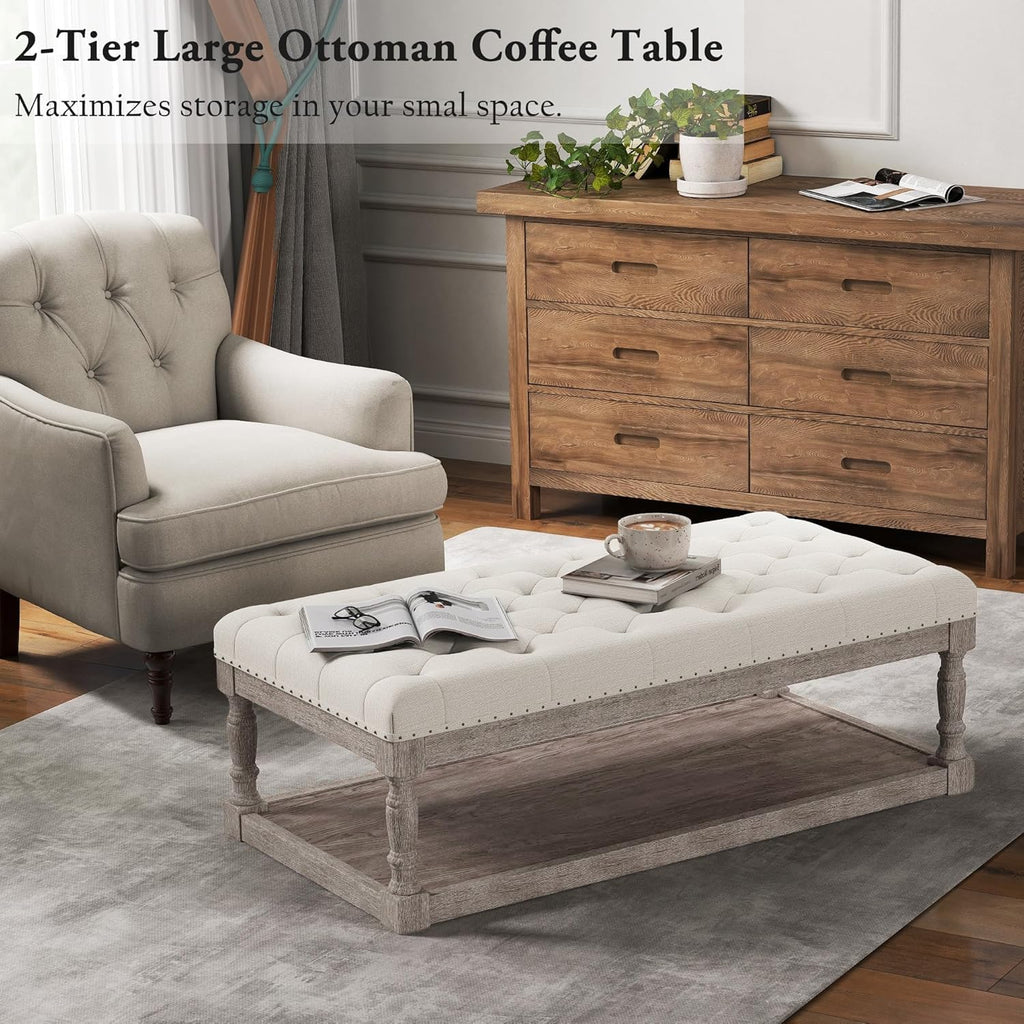Ottoman Coffee Table, Large Rectangle Ottoman with Storage - Upholstered Cushioned Bench, Tufted Linen Fabric with