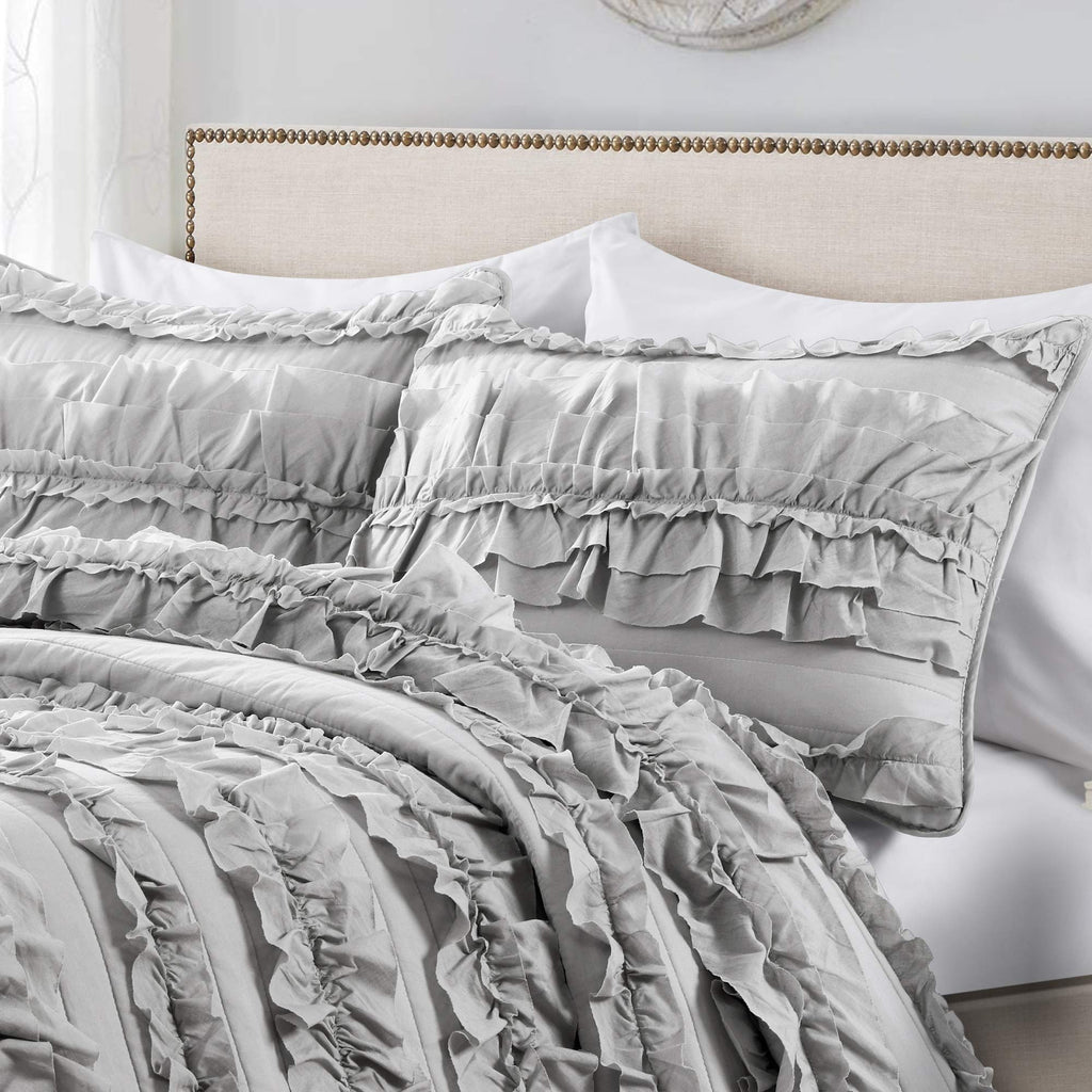 Belle Quilt 3 Piece Set Light Grey - Ruffle Bedding Set - Cute Quilt - Coquette Decor