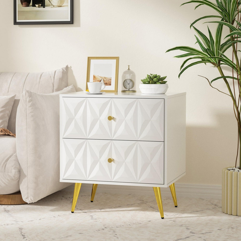 Nightstand Set of 2, White and Gold Nightstands with 2 Diamond Pattern Drawers, Modern End Table Side Table with Gold