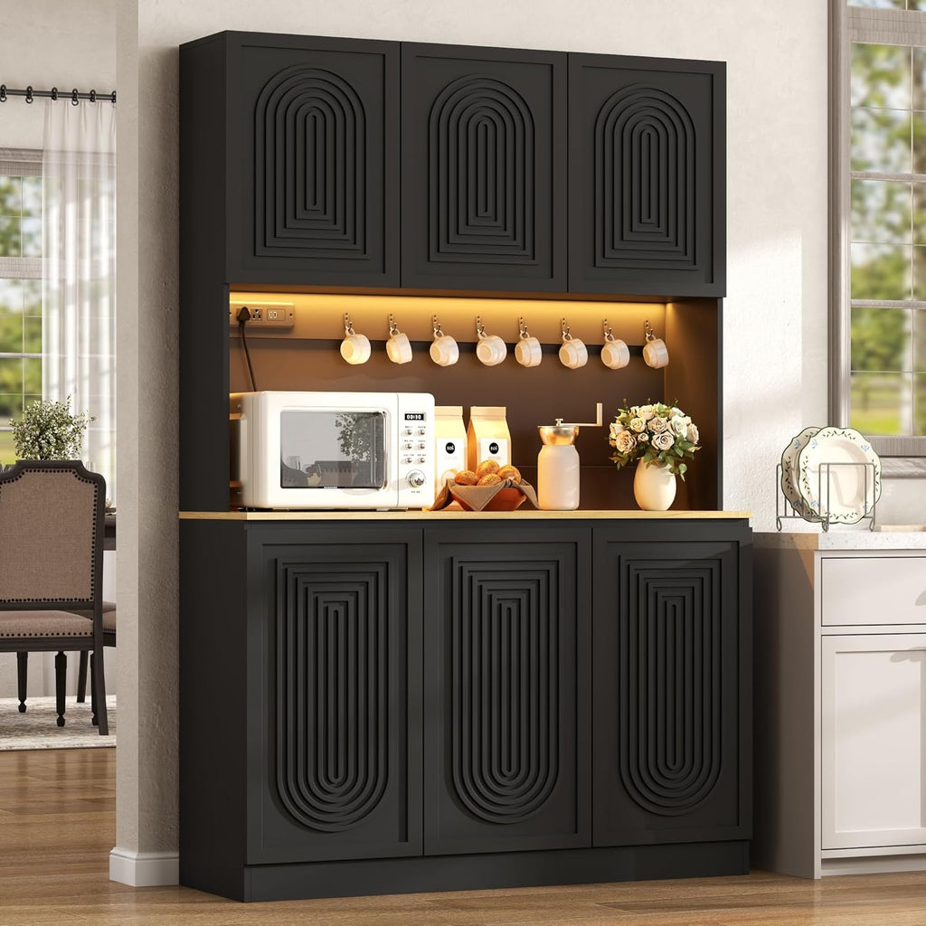 71" Black Kitchen Pantry with Power Outlet & LED Light, Large Kitchen Hutch Cabinet with Adjustable Shelf, Modern