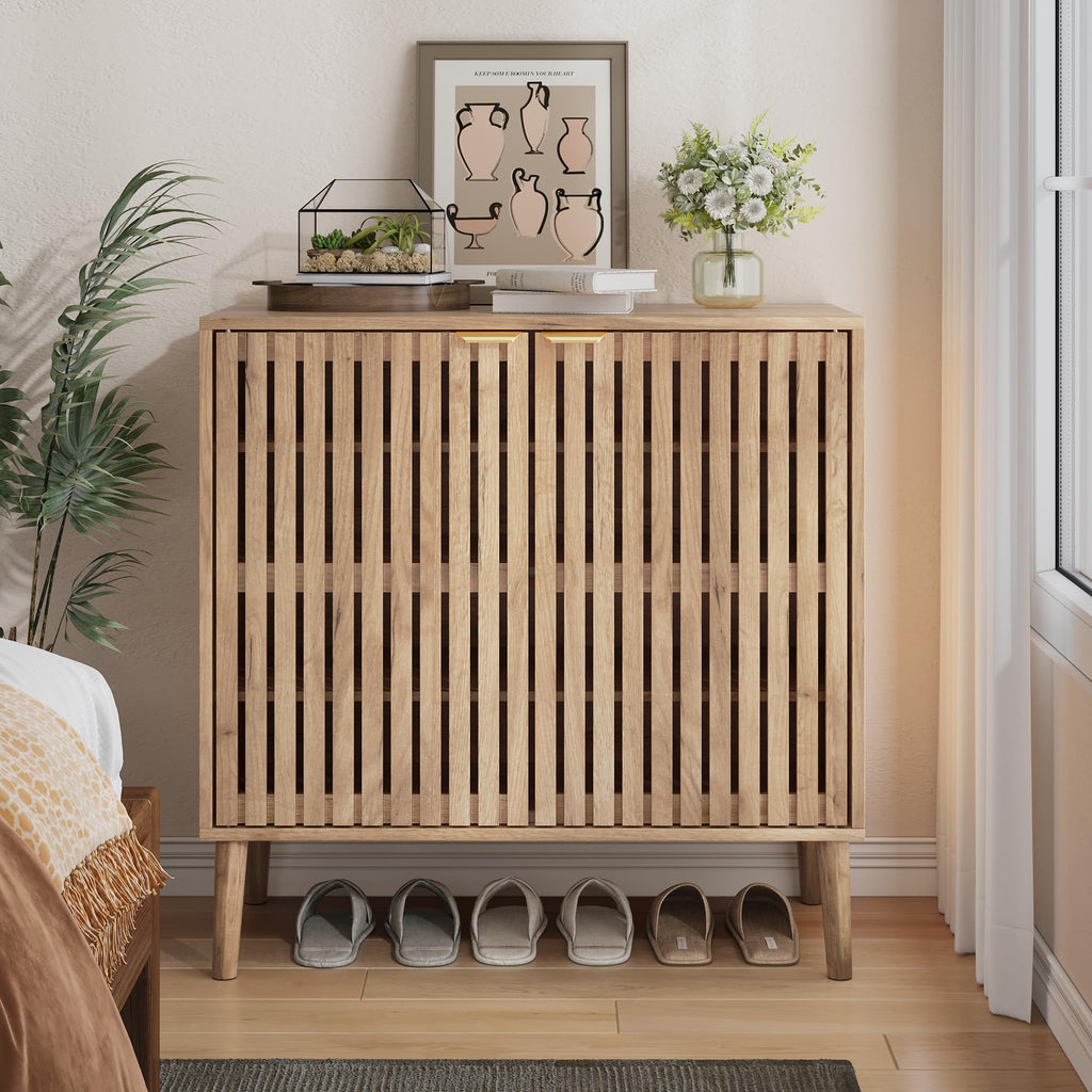 Freestanding Shoe Storage Cabinet with Fluted Slatted Doors, Wooden Hidden Shoe Organizer, Closed Shoe Rack Foyer