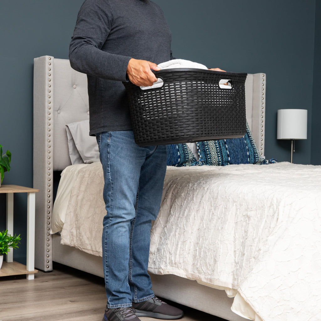 40L Laundry Basket, Clothes Hamper, Premium Wicker Design, Plastic, Set of 2, Black