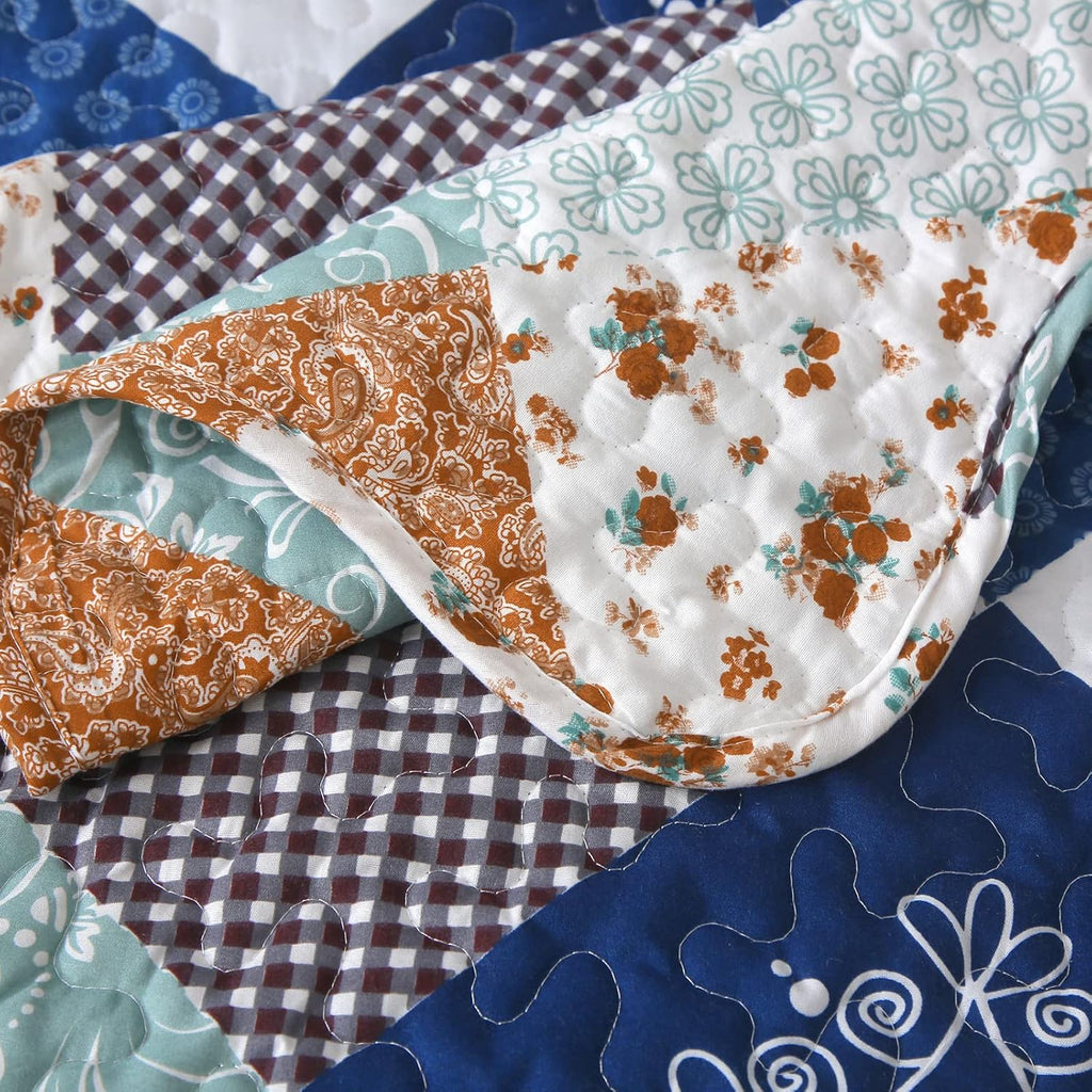 Reversible Patchwork Quilt Bedding Set Queen Blue Green Grey Plaid Floral Pattern Bedspread Set Soft Microfiber
