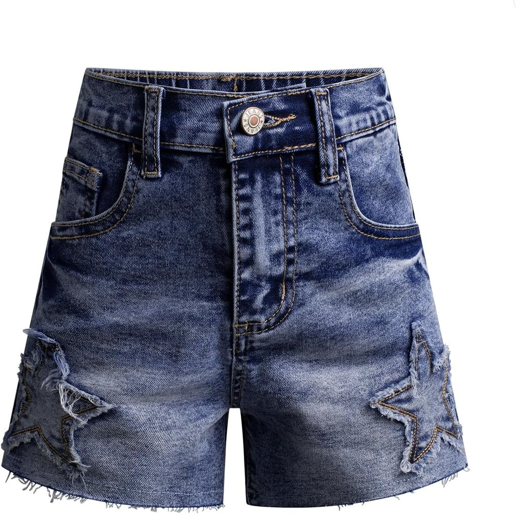 Girls Elastic High Waisted Denim Shorts Star Patched