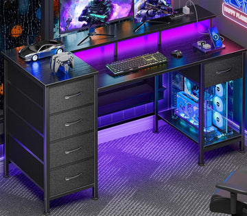 47 Inch Gaming Desk with Power Outlets and LED Lights, Reversible Computer Desk with 5 Fabric Storage Drawers, Home