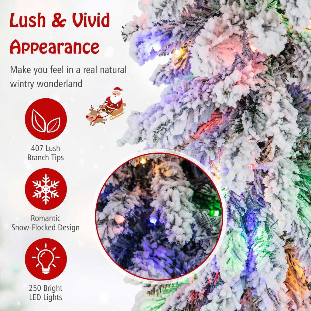 6 FT Pre-Lit Artificial Christmas Tree, Snow Flocked Slim Pencil Christmas Tree with Multi-Color & Warm-White LED