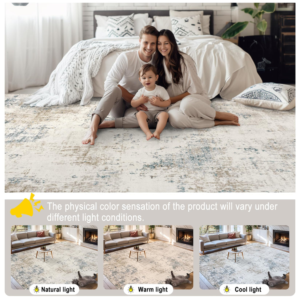 Area Rug Living Room: Modern Abstract Washable Carpet Beige