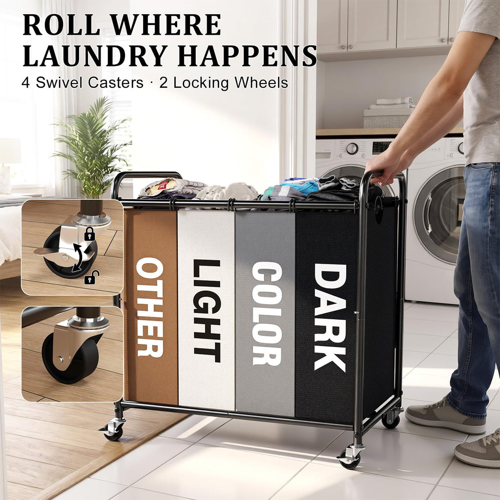 Laundry Sorter 4 Section with Lockable Wheels and Lid Multicolor