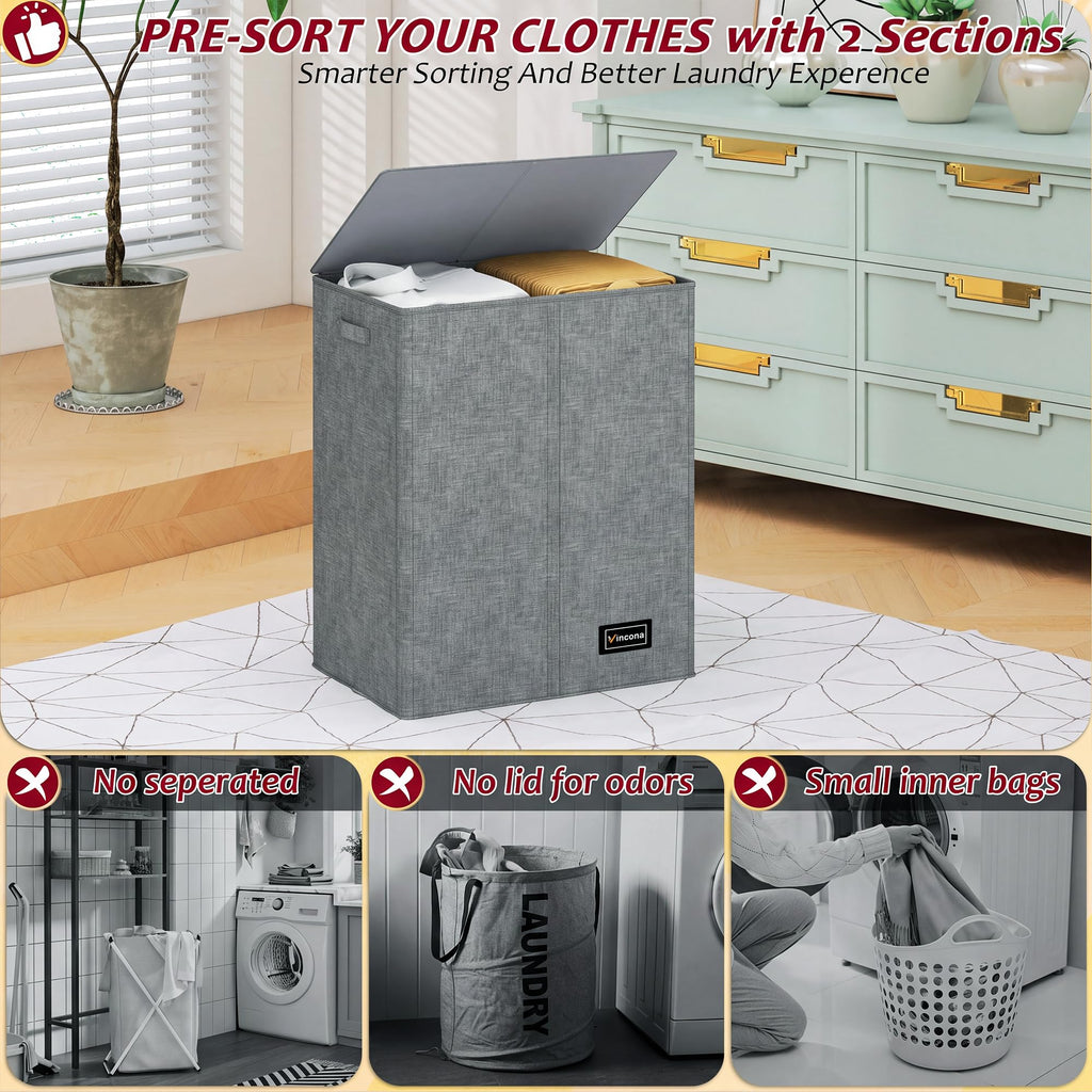 135L Laundry Hamper 2 Section, Large Laundry Hamper with Lid, Dirty Clothes Hamper with 2 Removable Inner Bags