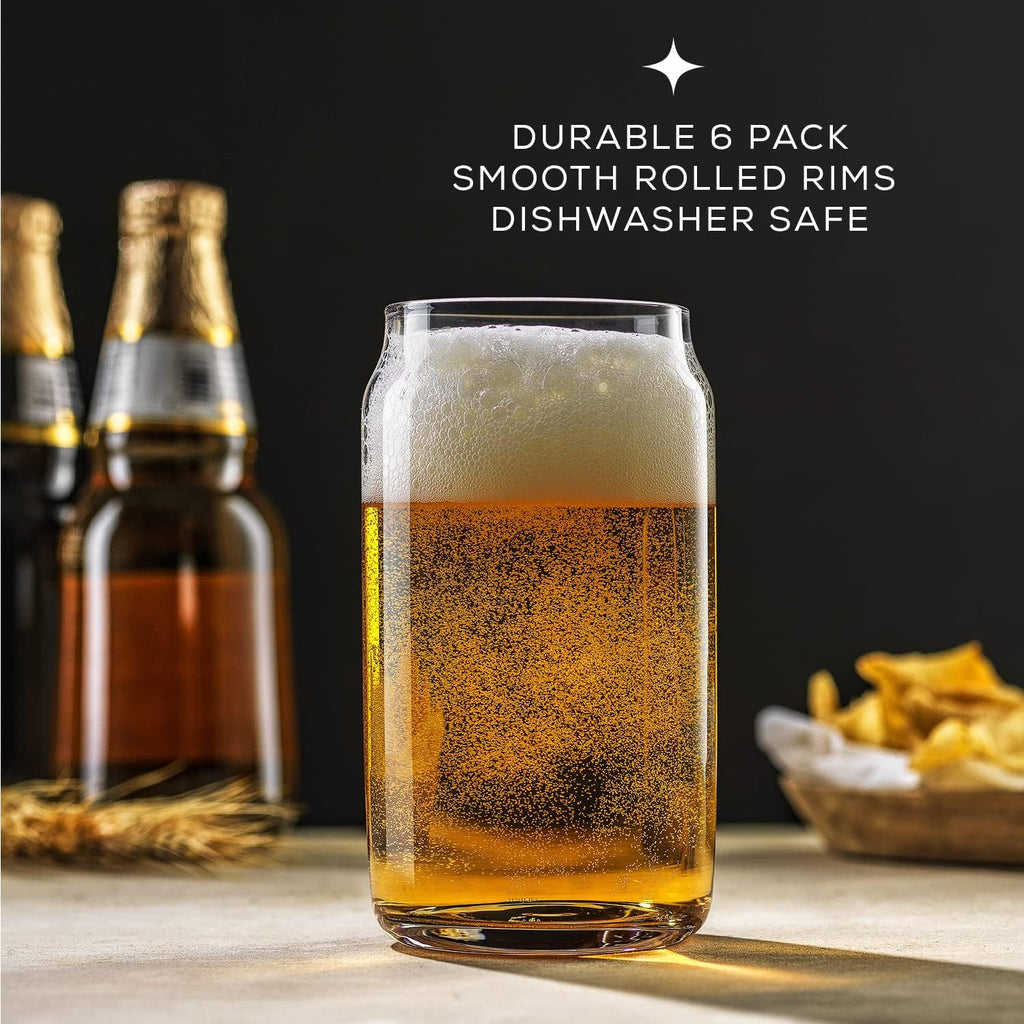 Drinking Glass Cups Set of 6-16oz Beer Can Glasses. Clear Soda Can Shaped Glass Cups, Cute Iced Coffee Cup Tumblers