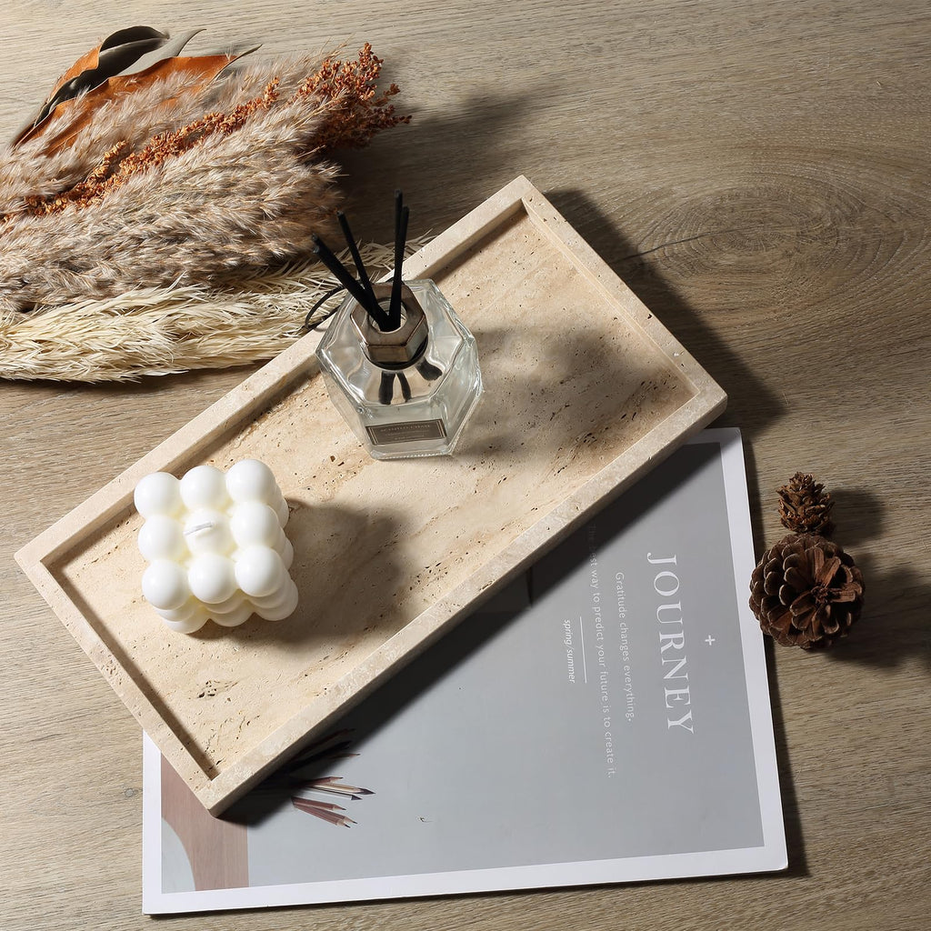 12" x 6" Travertine Vanity Tray, Marble Decorative Tray