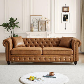 Chesterfield Sofa, 3 Seater High-Tech Fabric Couch with Pillows & Button Tufted Back, Mid Century Modern Couch with