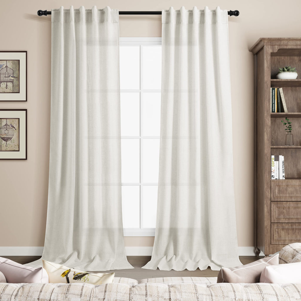 Extra Long Curtains 120 inch Length 2 Panels Set Back Tab Neutral Farmhouse Drapes Light Filtering Semi Sheer Linen