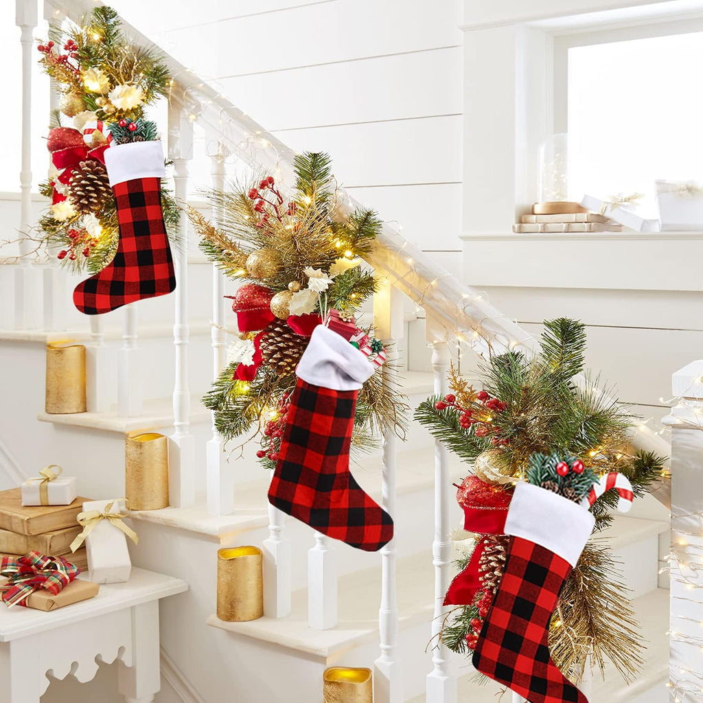Christmas Buffalo Plaid Stockings,6 Pack 18 Inches Large Black White Plaid Stockings - Set of 6