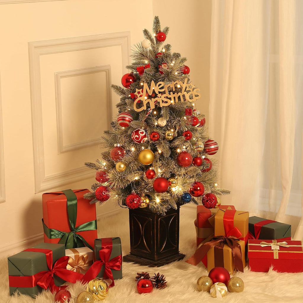 3 ft Pre-Lit Artificial Christmas Tree Tabletop with 78 Warm White Lights, Flocked Potted Christmas Tree with Berry