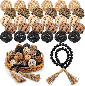 Wicker Rattan Decorative Balls, Black - Set of 31