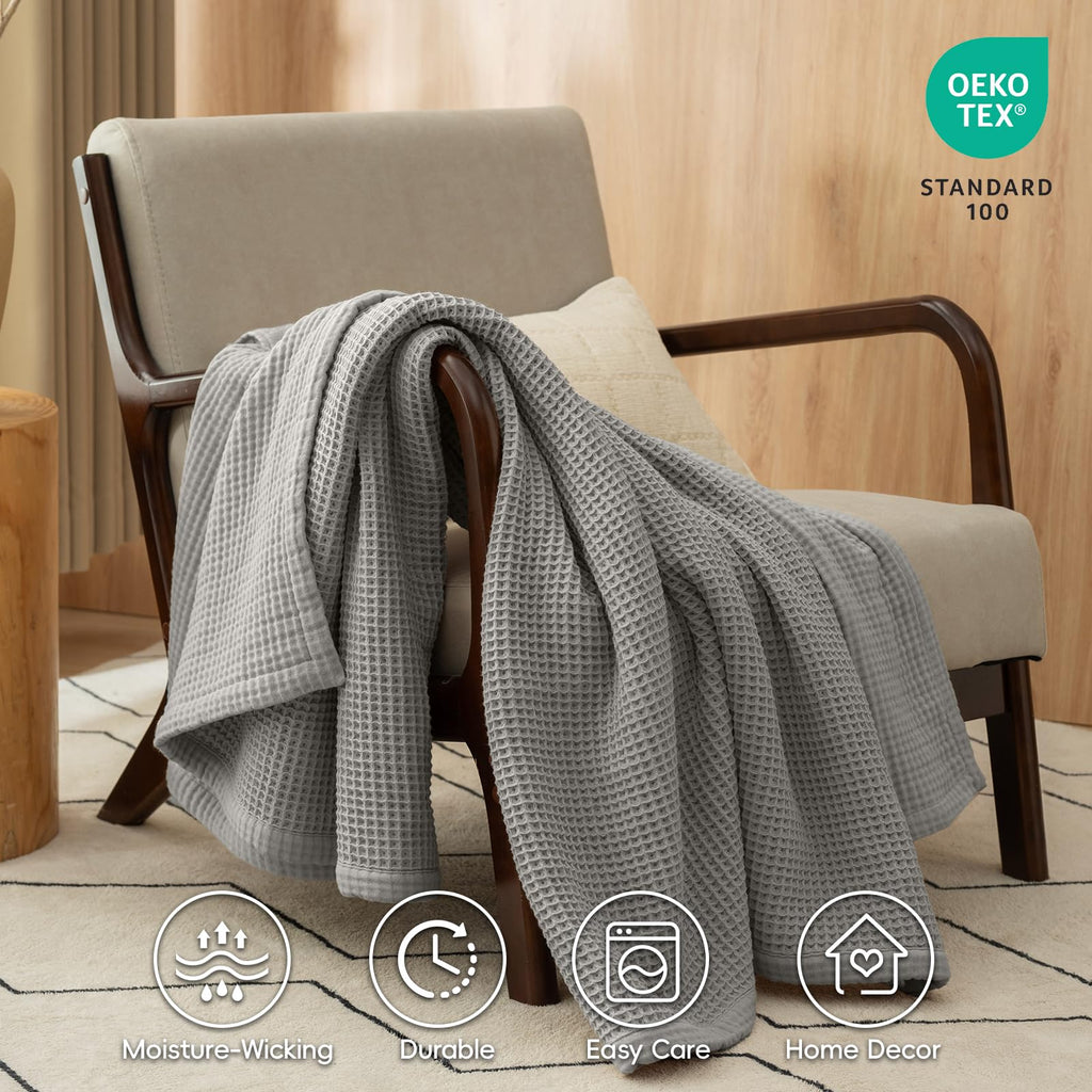 100% Cotton Waffle & Muslin Throw Blanket Large, 50"x70", Frosted Grey
