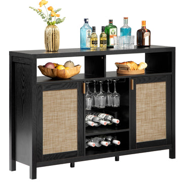 Rattan Coffee Bar Cabinet with Wine Racks & Metal Stemware Holders