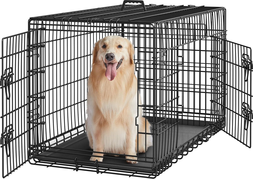 42 inch Double Door Dog Crate w/Divider for Puppy to Adult XL Collapsible Metal Crate with Removable Tray Wire Dog