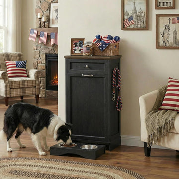 Dog Feeding Station with Storage Cabinet, Tilt-Out Door, Drawer (Black Oak)