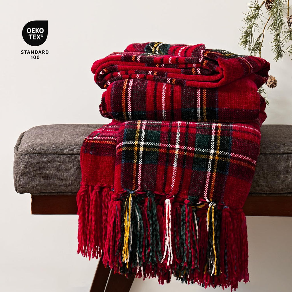 Chenille Christmas Throw Blanket, 50"x60", Red Stewart Plaid