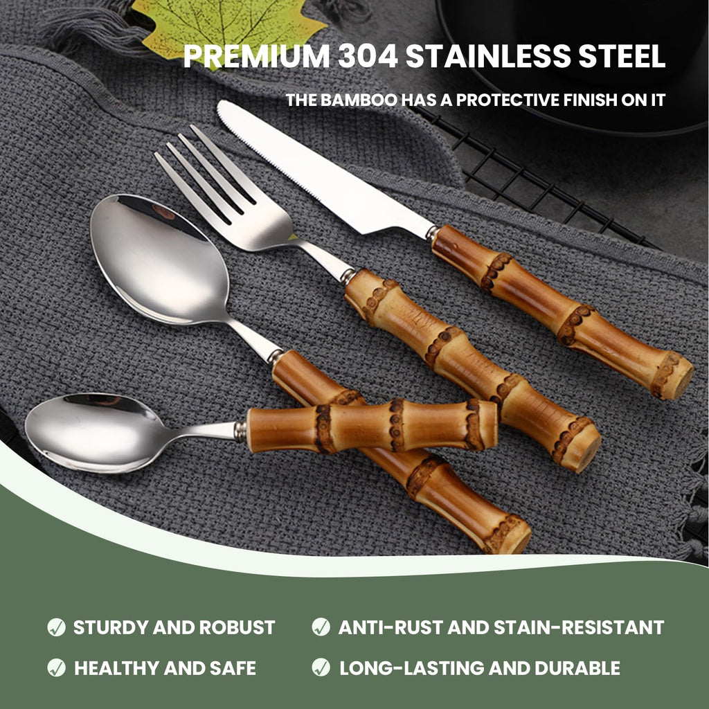 Bamboo handle flatware sets for 8, 40 Piece Natural bamboo handle cutlery sets, silverware sets, dinnerware tableware