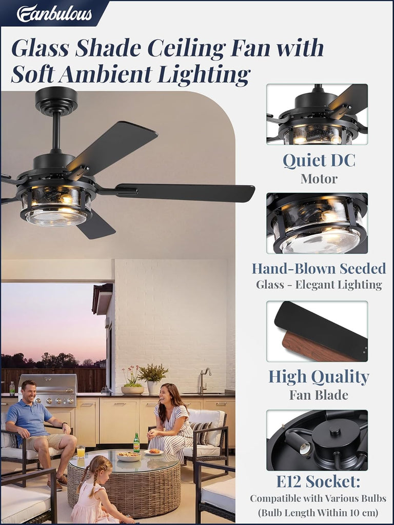 52 Inch Ceiling Fan with Light and Remote,Downrod Mount Farmhouse Ceiling Fan , Quiet 6-Speed Reversible DC Motor
