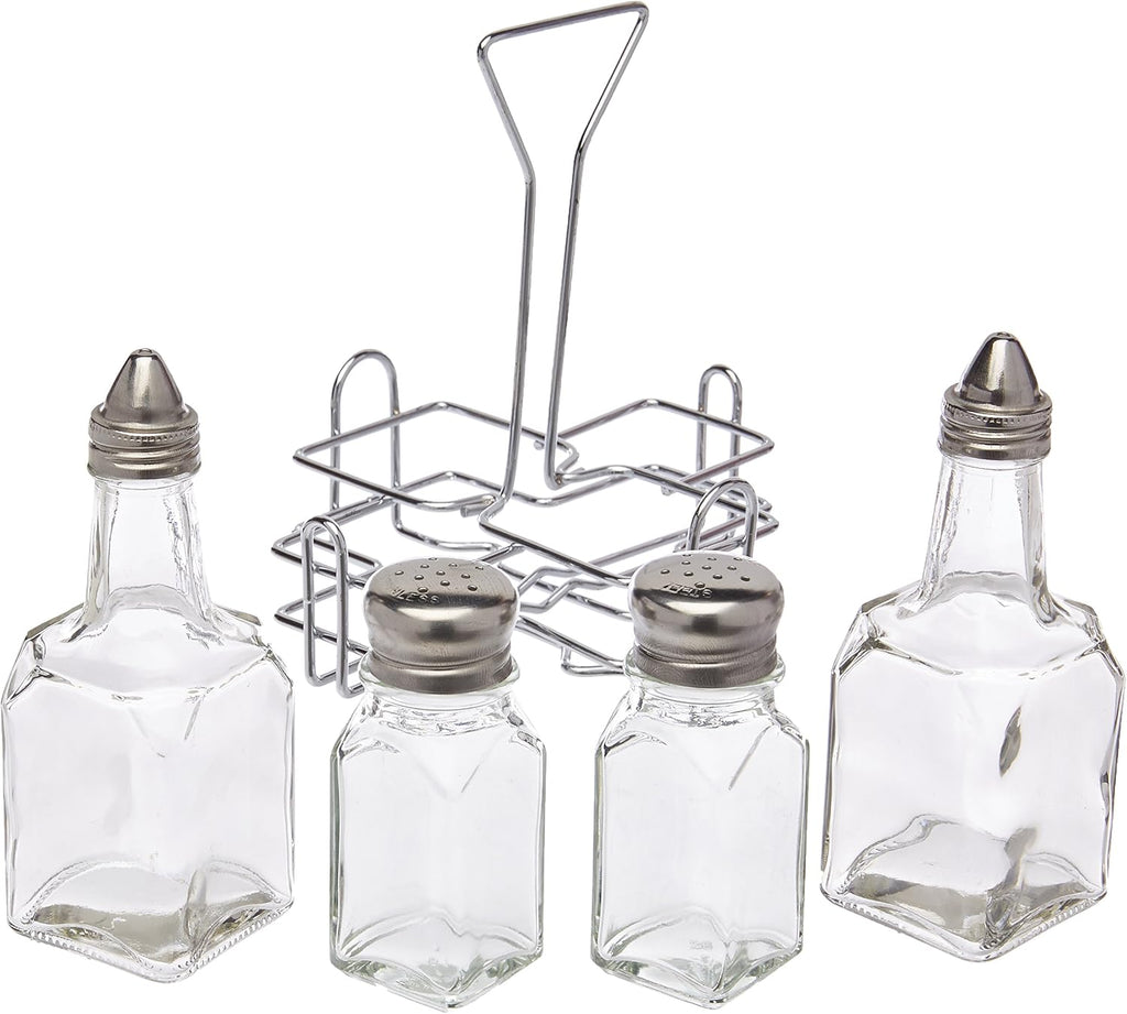 Glass Salt and Pepper Shaker Set with Holder and Oil and Vinegar Cruets, Stainless Steel Gold Plated Top - Set of 4