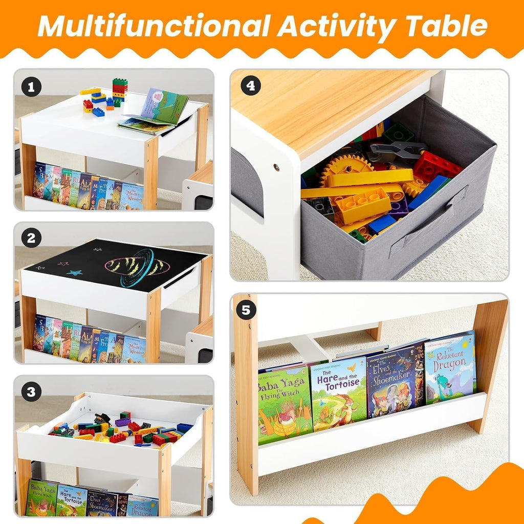 Kids Table and Chair Set, 4 in 1 Toddler Desk with Storage Drawer