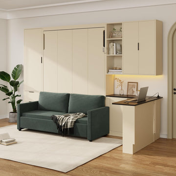 Queen Murphy Bed with Couch,L-Shape Desk and Storage Cabinet & LED, Wood Folding Murphy Wall Bed with Desk,Sofa and