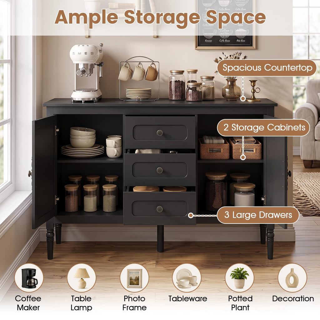 Buffet Cabinet, 47" Vintage Sideboard w/Adjustable Shelves(Black)