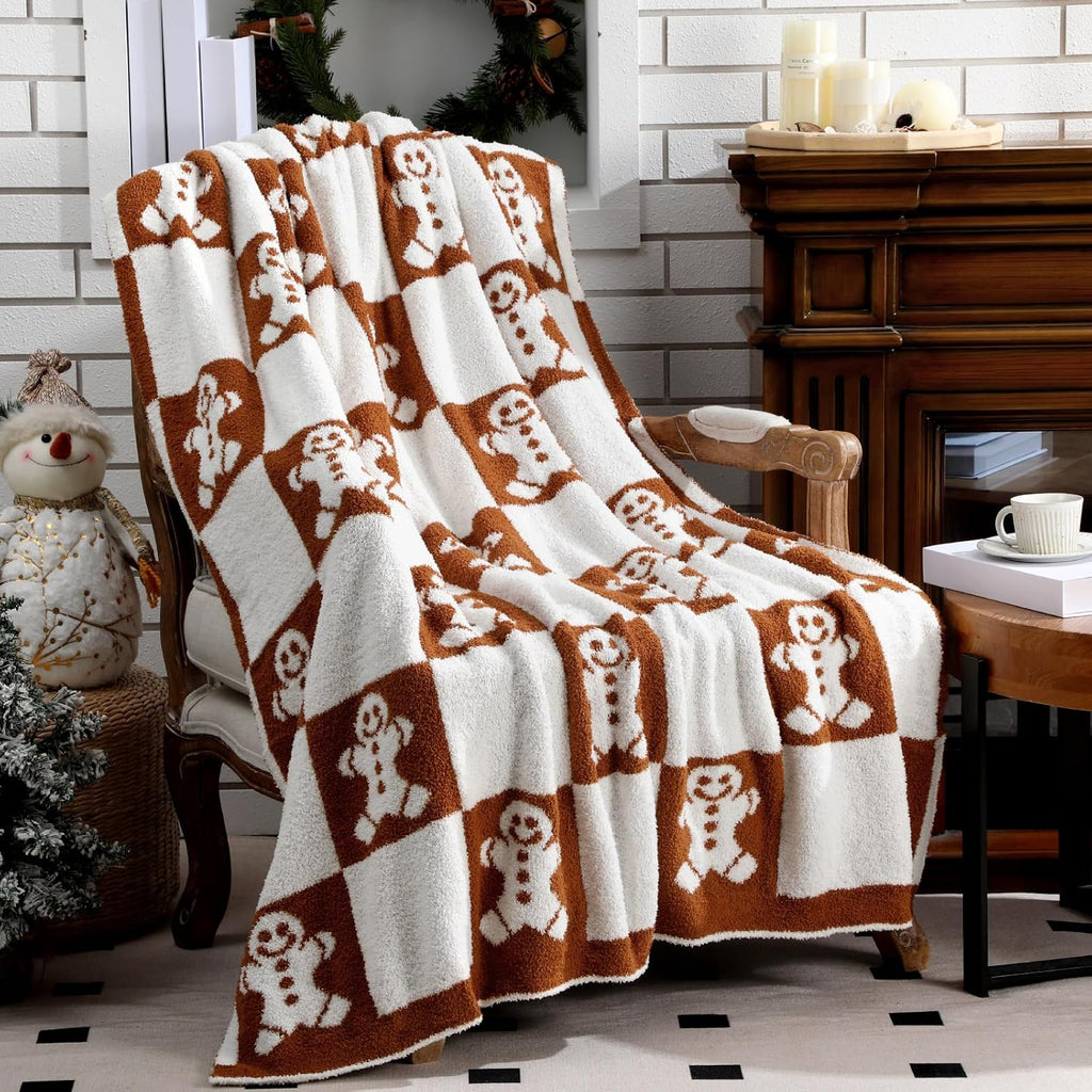 Christmas Gingerbread Man Knit Throw Blanket, 50 x 60 Inch Xmas Reversible Knitted Throw Blanket, Cozy Lightweight