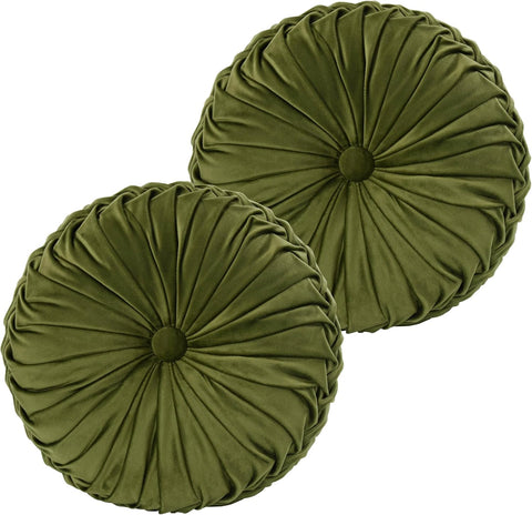 Set of 2 Decorative Round Pleated Throw Pillows, Classy Accent Pumpkin Throw Pillows with Center Button, Vintage