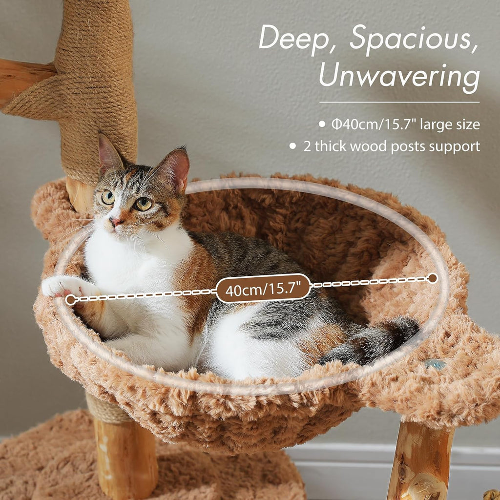 Modern Cat Tree with Real Wood&Wicker Basket for Large Cats Brown