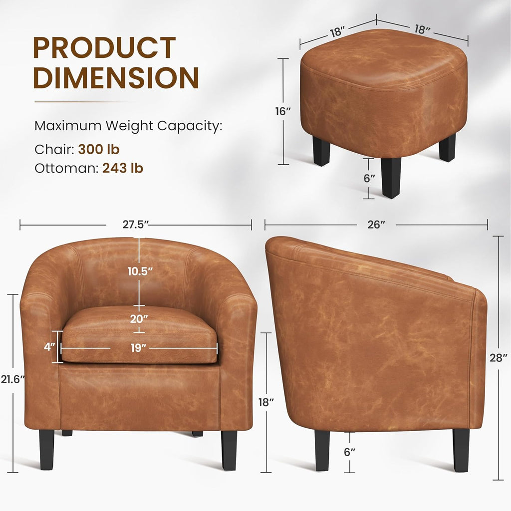 Accent Chairs with Ottoman, Faux Leather, Brown - Set of 2