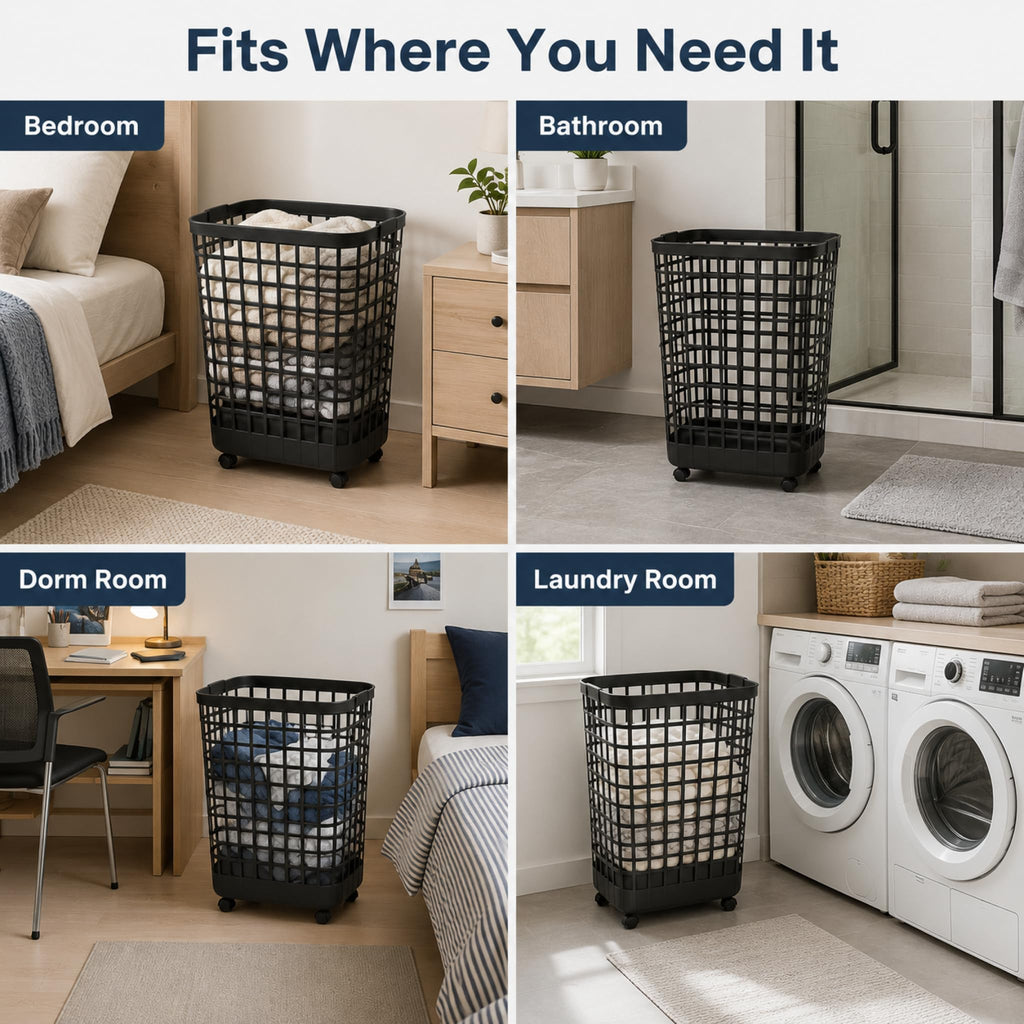 Wheeled Plastic Laundry Hamper 95L - Adult-Sized Rolling Basket With Handles s