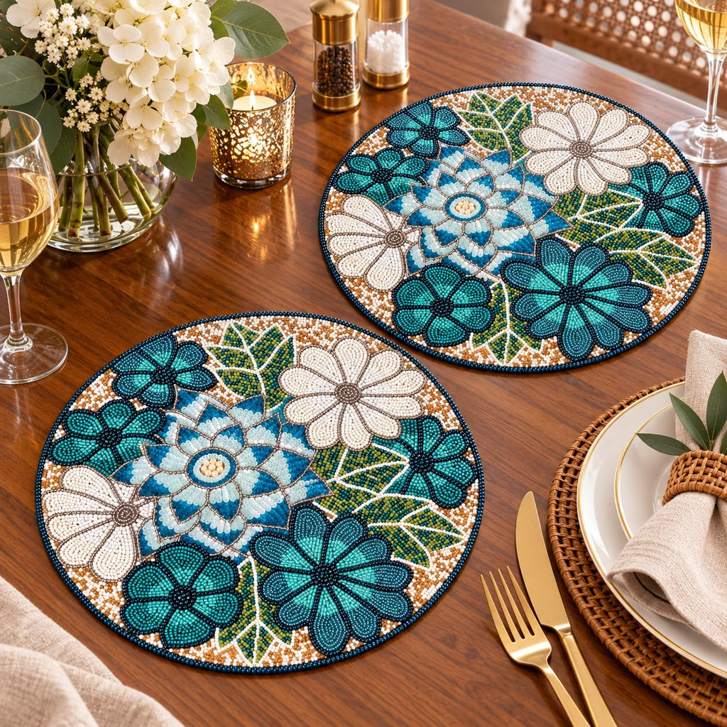 Beaded Placemats 13" Flower, Round Dining Table mat, Teal Multi
