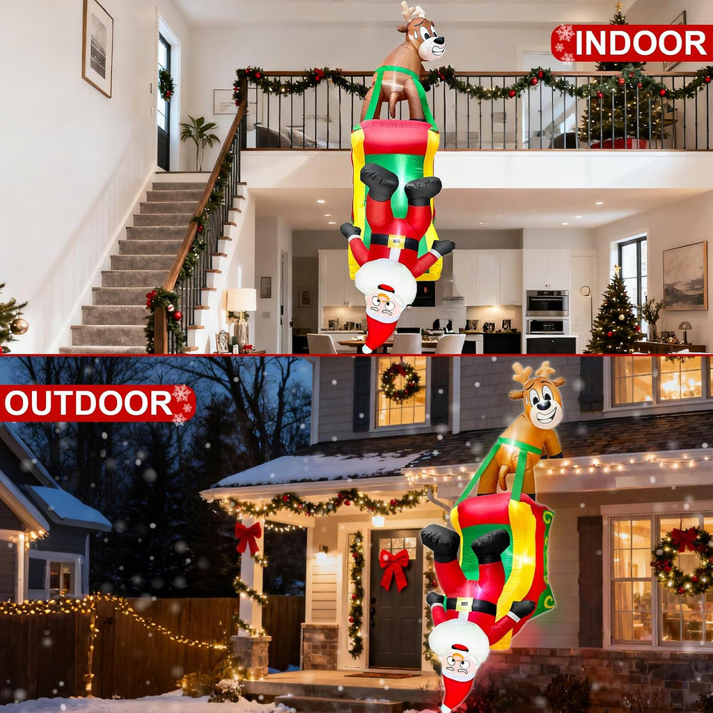 8.5 Ft Hanging Christmas Inflatable Outdoor Decoration, Blow Up Reindeer Pulling Santa Claus on Sleigh Built-in LED
