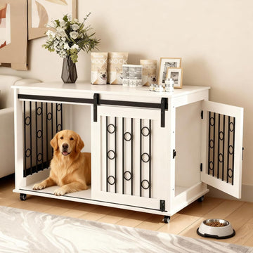Dog Crate Furniture with Sliding Barn Door & Side Door, 39" Wooden Dog Kennel End Table for Small Medium Dogs, Indoor