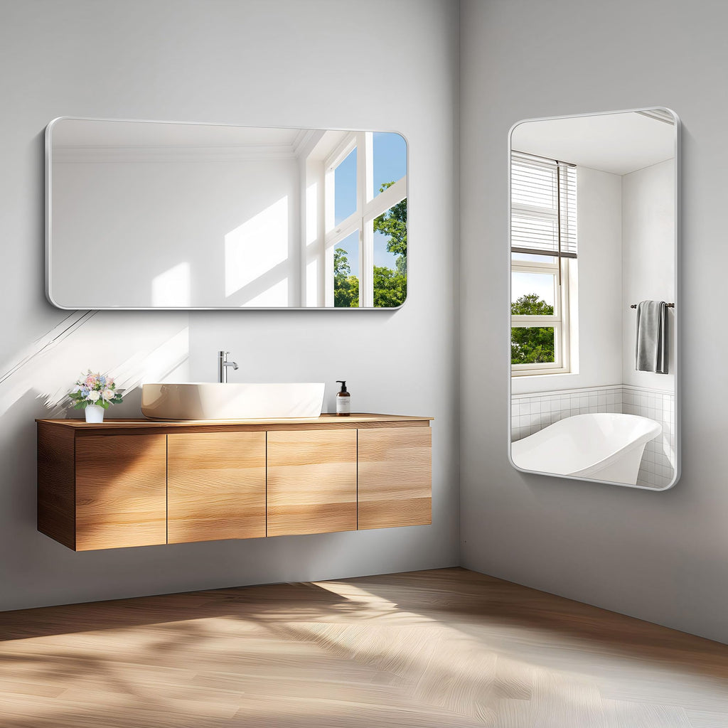 Silver Bathroom Mirror,24x48 inch Wall Mirror Wall Mounted,Rectangle Mirror Over Sink,Modern Frame Round Corner
