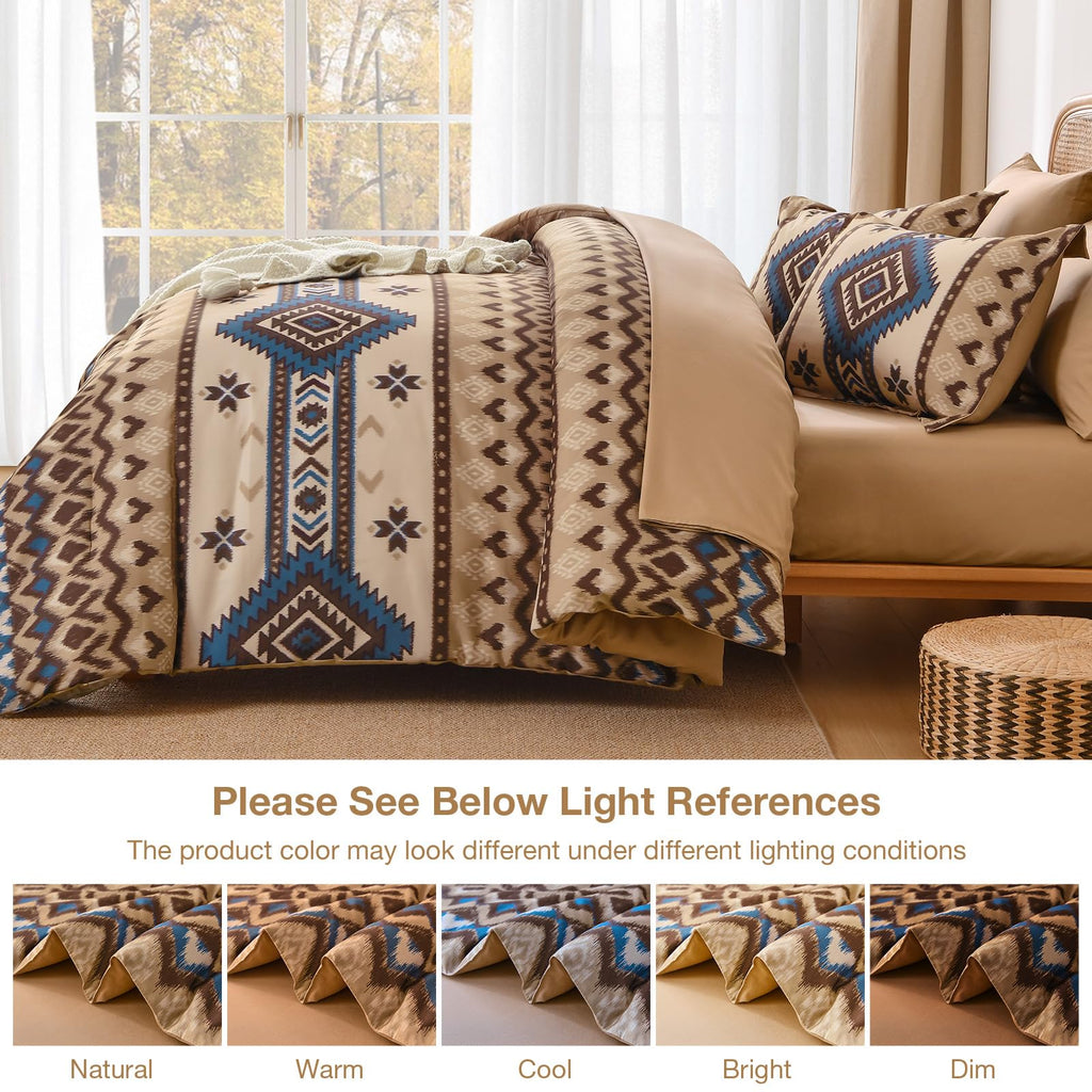 Queen Size Brown Comforter Set, 7 Pieces Boho Aztec Bed in a Bag, All-Season Bedding Set with Sheets & Pillow Shams